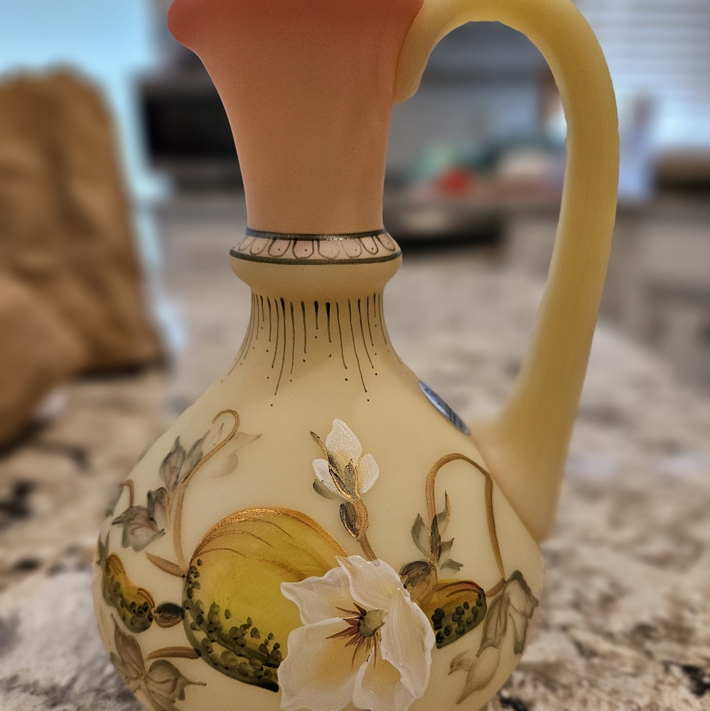 Fenton Golden Gourds On Burmese Uv Reac Glass Ewer Lit ED 377/2500 22k GoldPaint